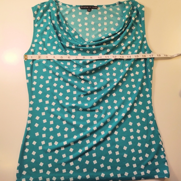 PRESTON YORK Turquoise White Square Pattern Sleeveless Drop Neck Top Sz Small - Picture 5 of 7